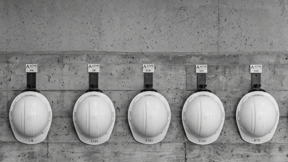 Five white construction helmets hanging on a concrete wall, each with a label on top containing alphanumeric codes.