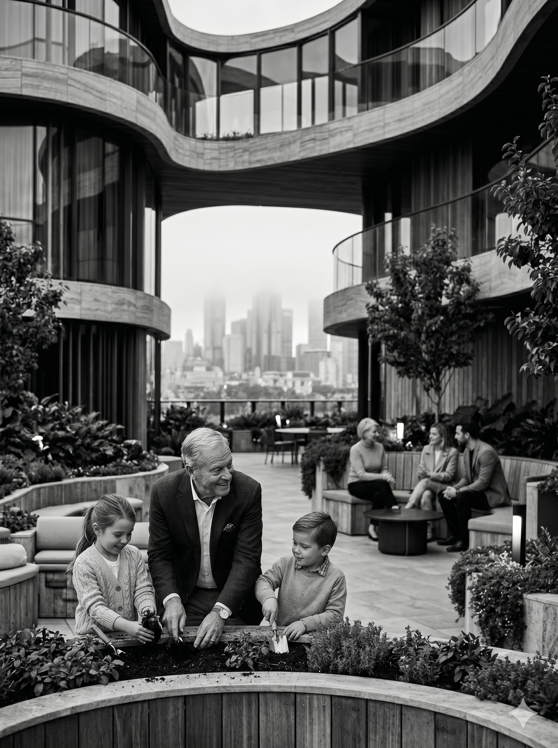 People on a rooftop garden in a city, planting and enjoying gardening, with a modern building structure and city skyline in the background.