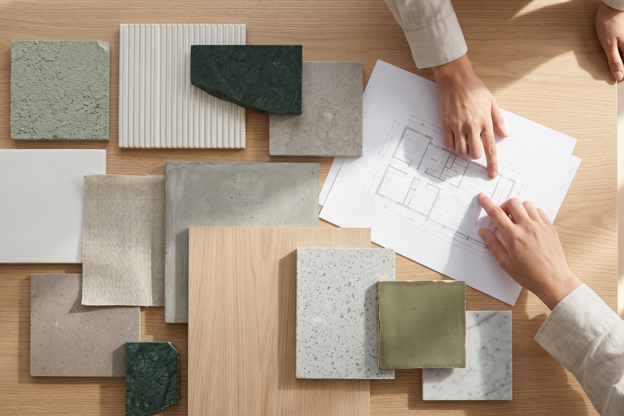 Person pointing to an architectural floor plan on a wooden table with various sample materials including tiles and wood.