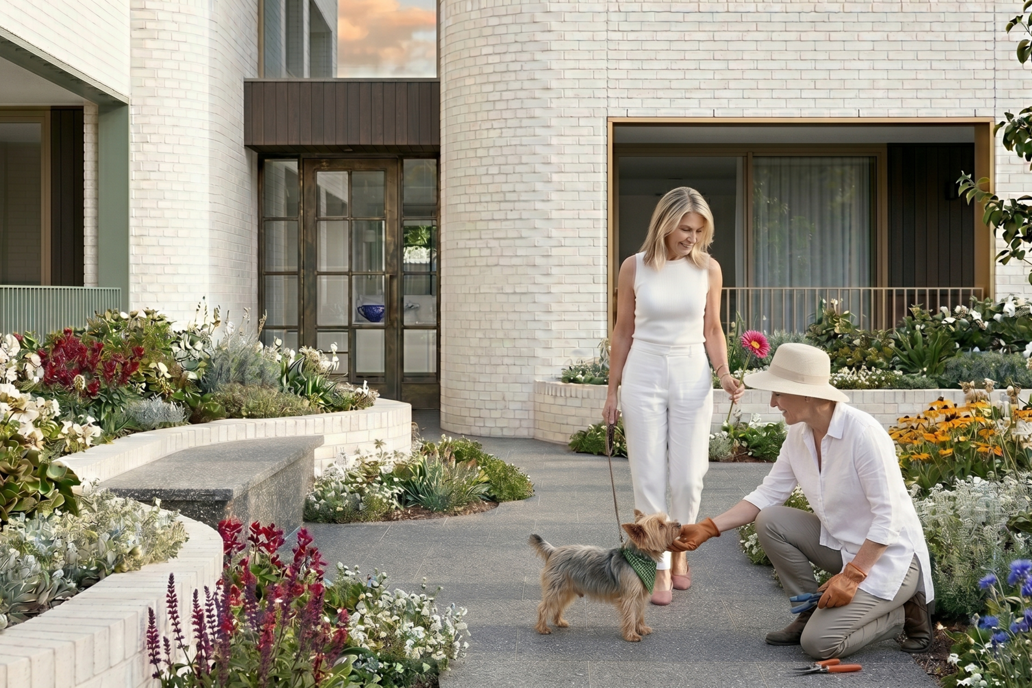 Two women and a dog in a garden outside a modern white brick building during sunset. One woman is standing and the other is kneeling, petting the dog, which is wearing a green bandana. The garden has various flowers, and the women appear to be engaging in gardening or playing with the dog.