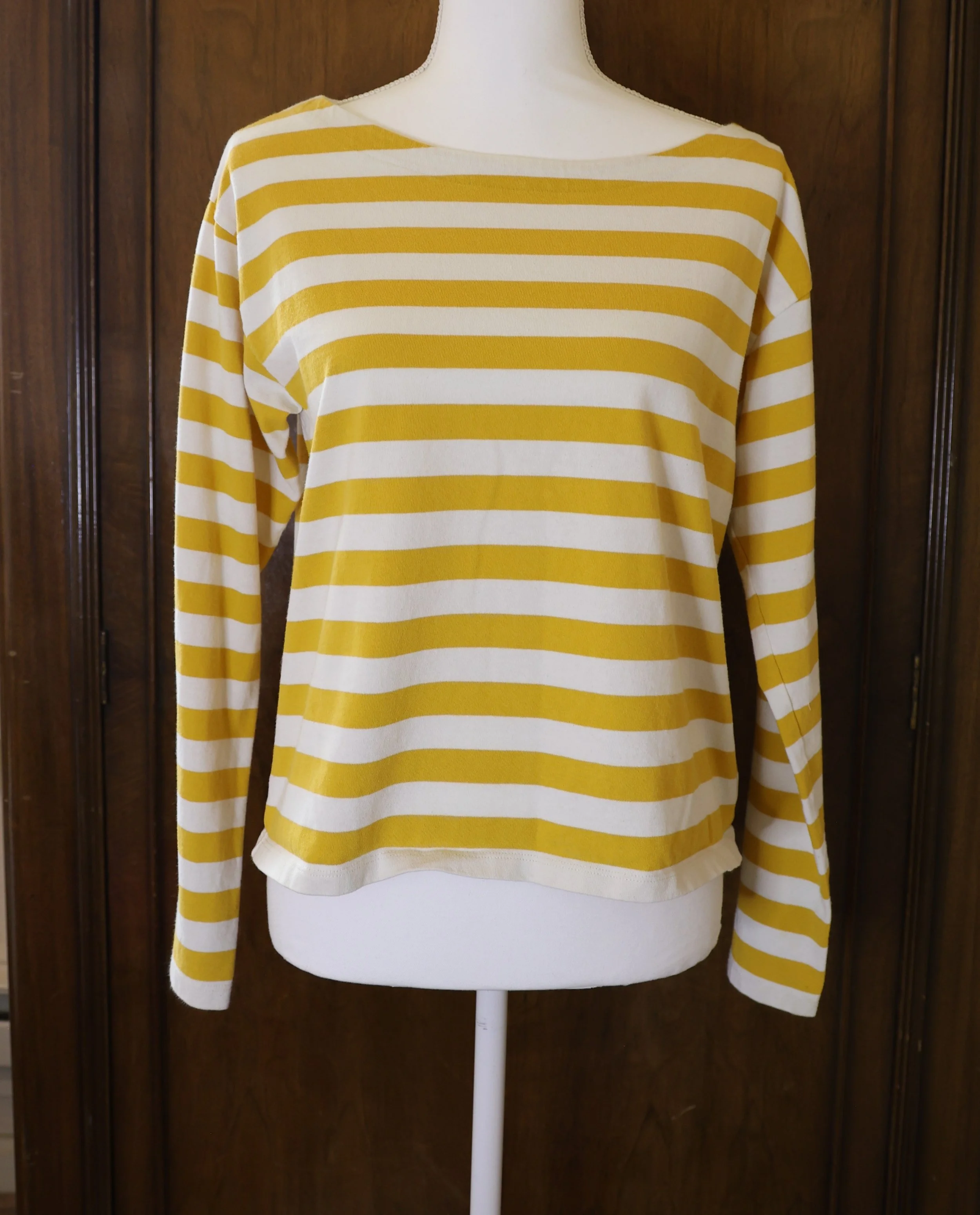 J Crew Boatneck Top in Yellow and White Stripe. Size Small. Very Good Condition.