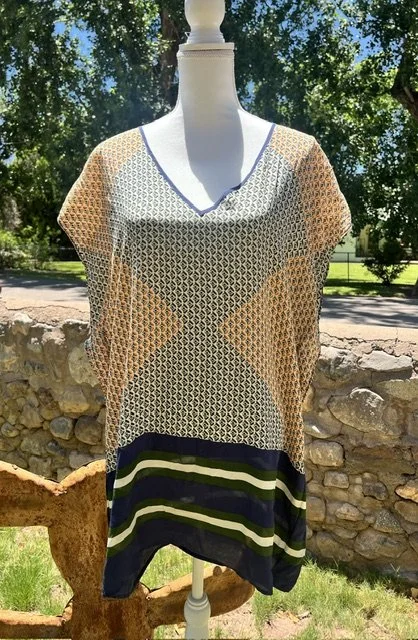 J Crew Sheer Silk Tunic Blue and Green Size Medium Excellent Condition