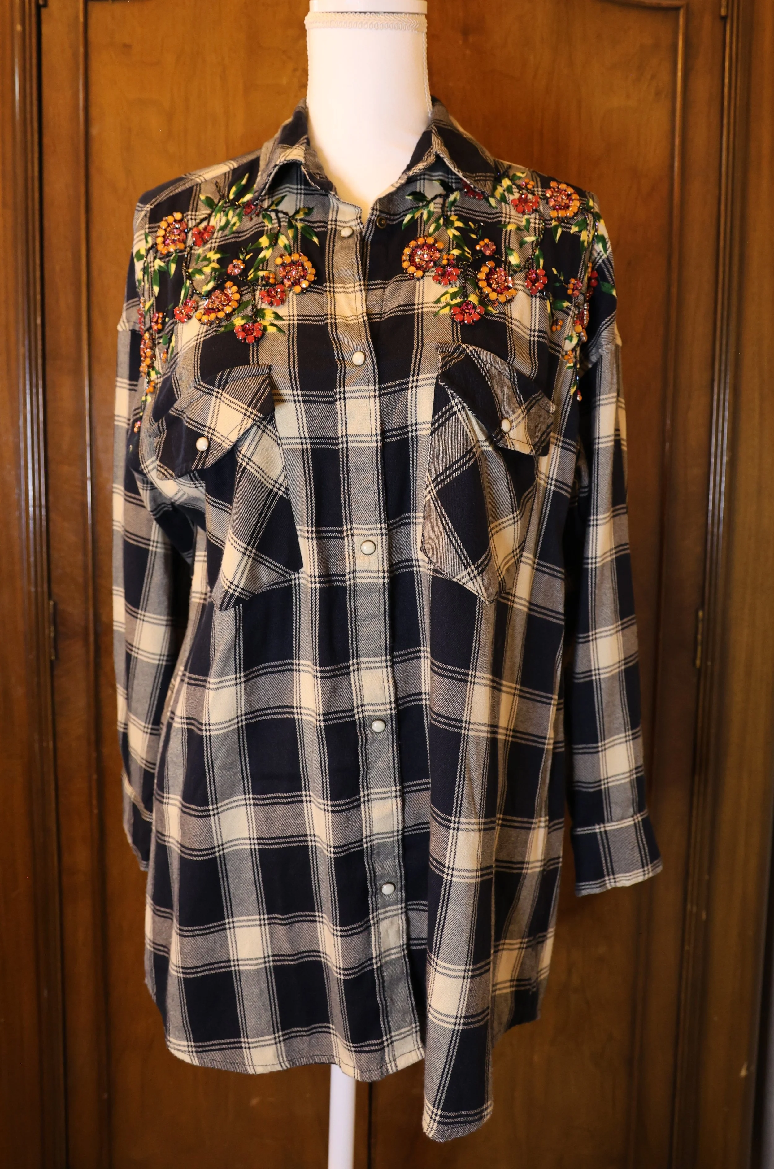 Zara Blue and Cream plaid flannel shirt with embellishments Size Small Very Good Condition