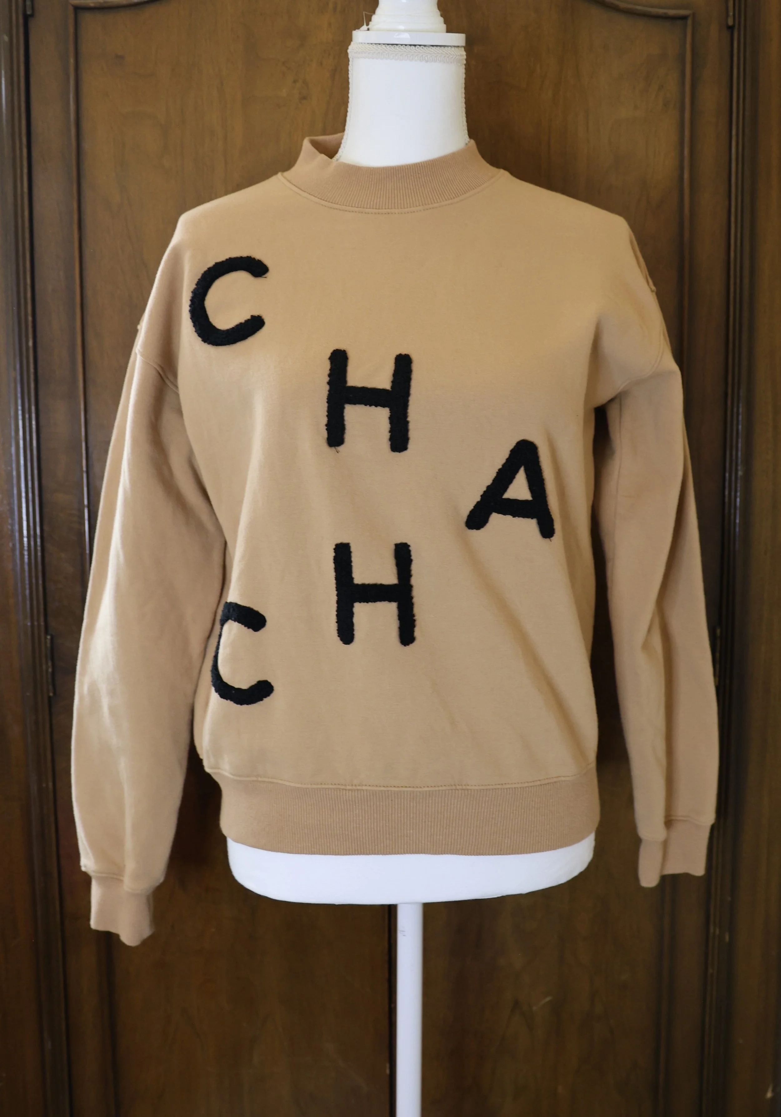 EllandEmm Sweatshirt with Chenille Cha Cha Lettering Size Small Very Good Condition