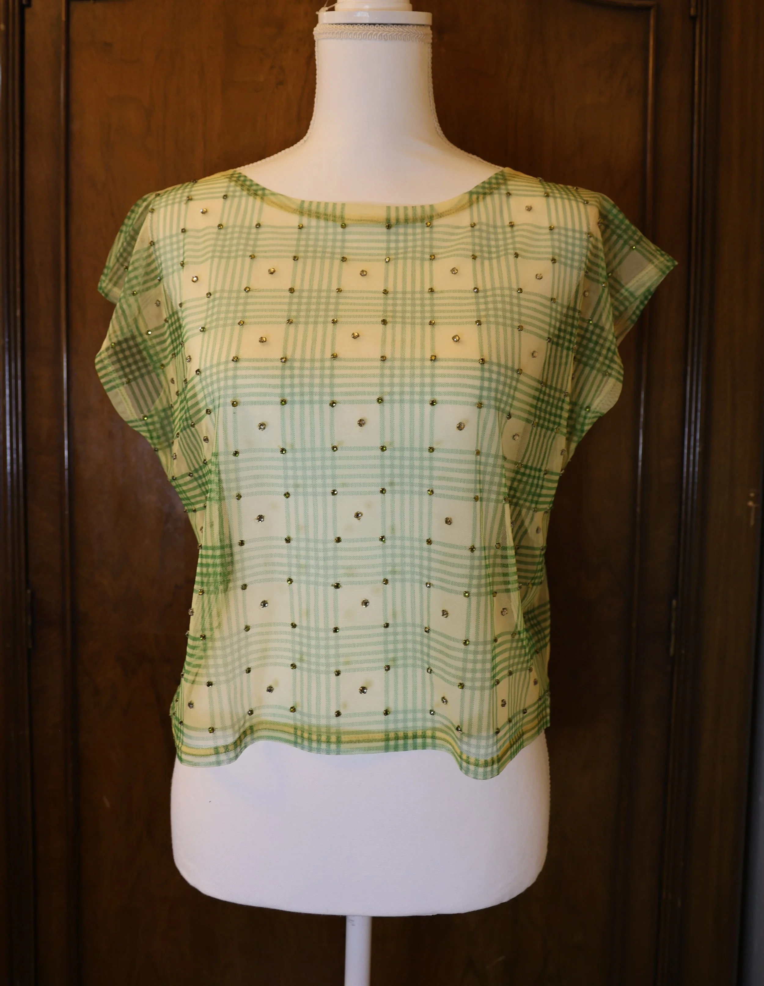 J Crew Green Plaid Net Crop Top with Crystals