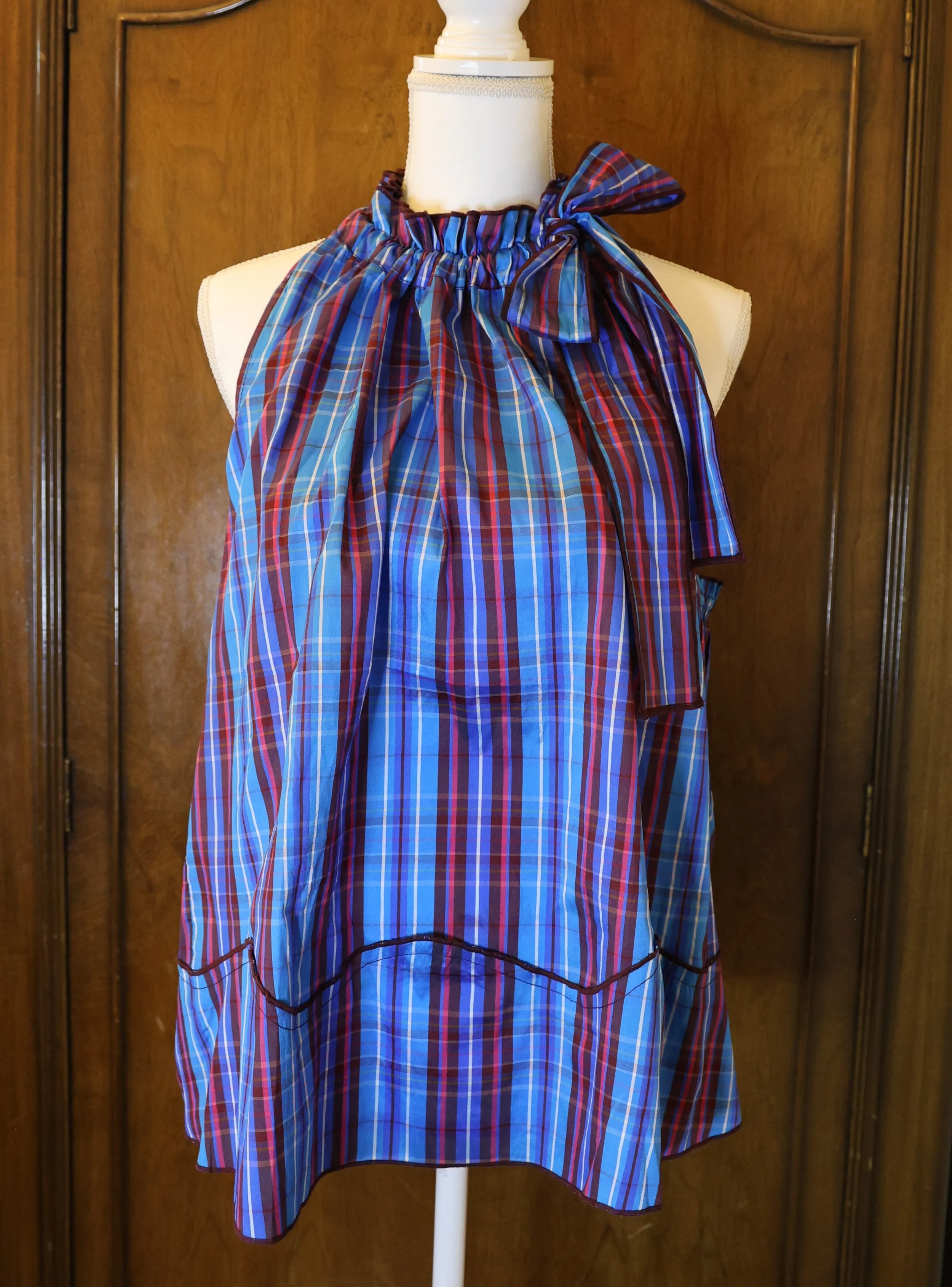 Maeve Blue Plaid Silk Tie Neck Top Size Large NWT