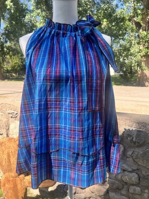 Maeve Blue Plaid Silk Tie Neck Top Size Large NWT