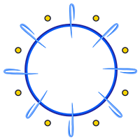 A stylized clock face with blue hour markers and hands, surrounded by yellow dots, set against a black background.