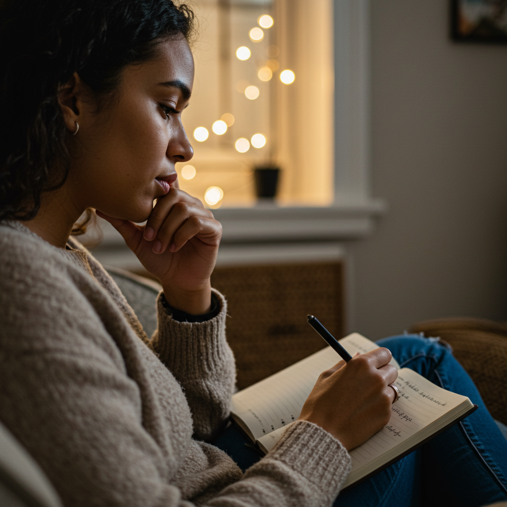 A young woman experiencing burnout is working on a grounding technique learned in therapy.