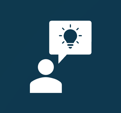 Icon of a person with a speech bubble containing a light bulb, symbolizing an idea or inspiration.