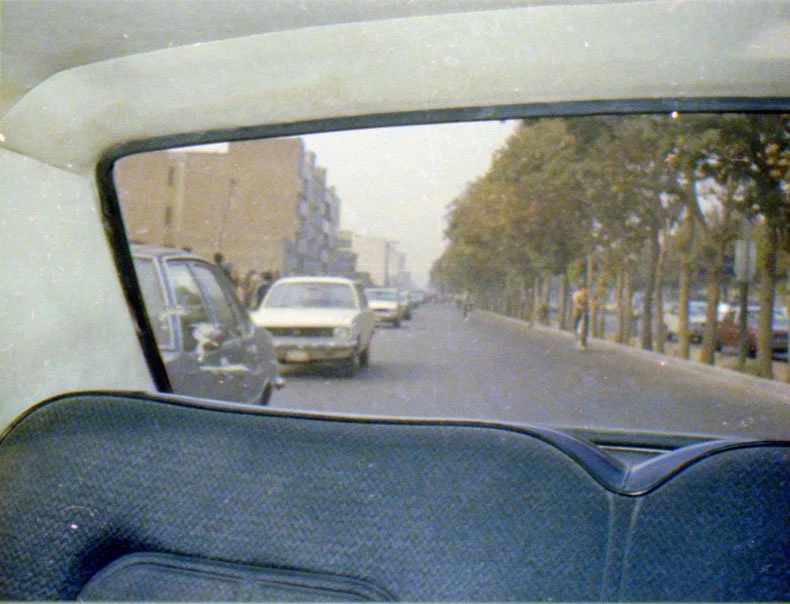 View from inside a car showing a street with parked cars and trees along the sidewalk.