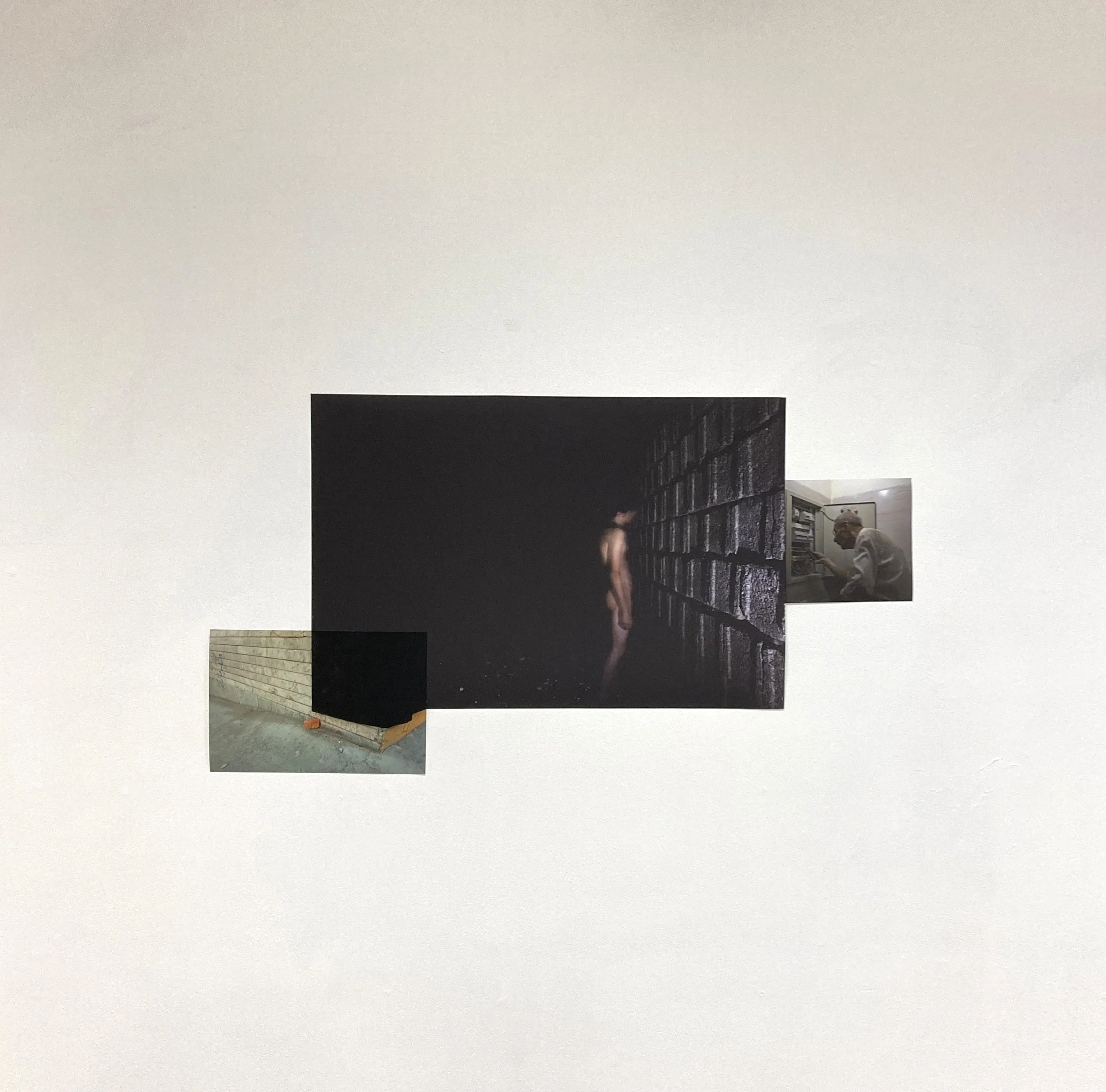 A collage of three photographs on a plain white background. The central photo displays a person standing nude in a dark, brick-walled tunnel or corridor. The left photo shows a close-up of a brick wall corner with a small brick on a concrete surface. The right photo shows an elderly person working at an electrical panel or server rack.
