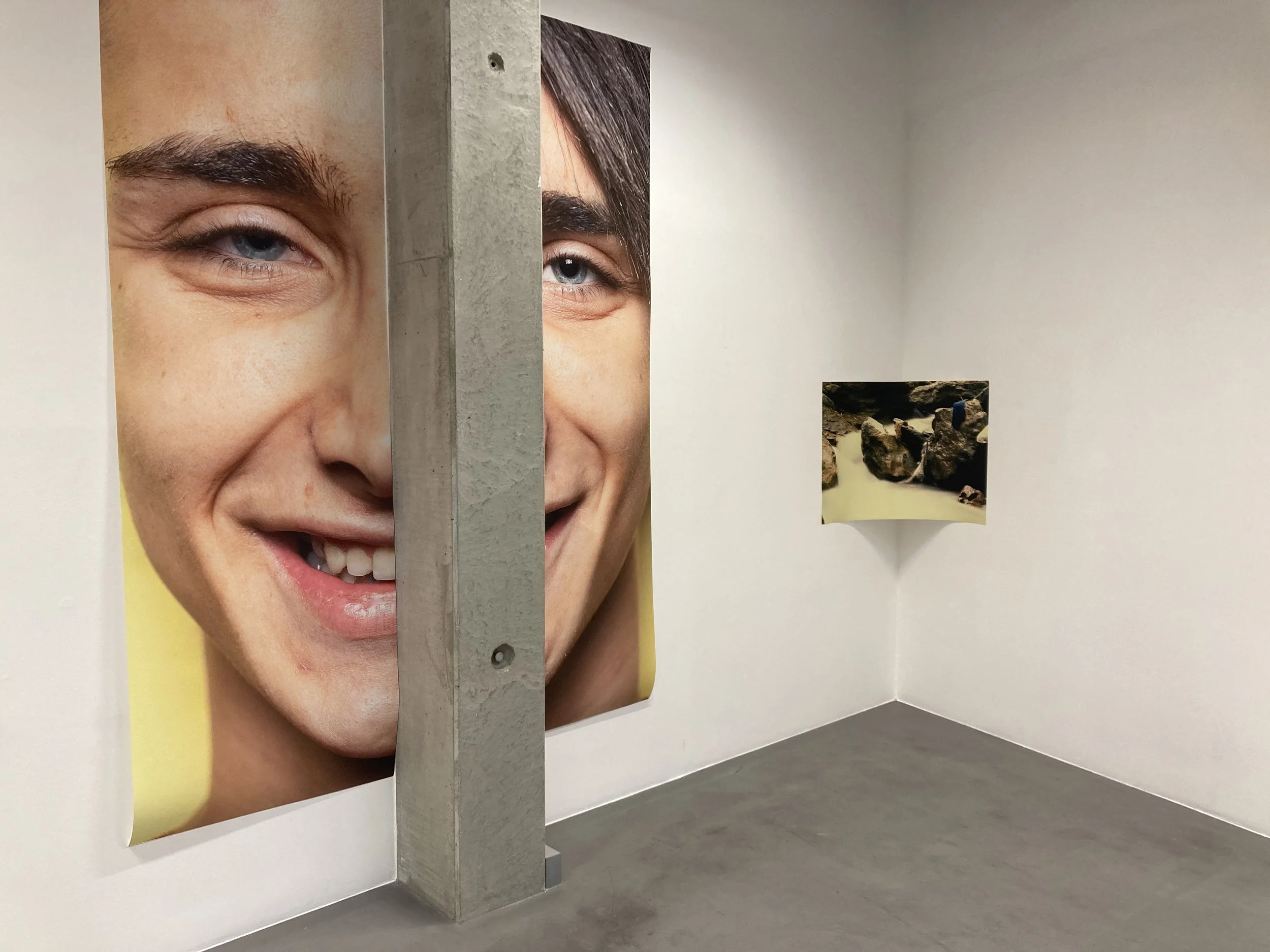 Contemporary art installation in a gallery with a large portrait of a smiling person partially visible, and a smaller landscape photograph of rocks and water on the wall.