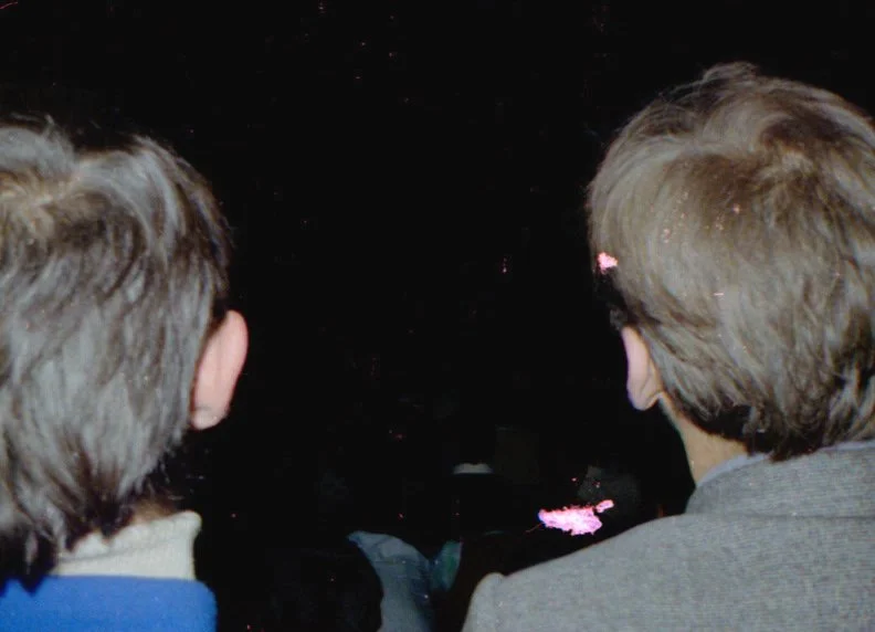 Two people with light brown hair viewed from behind, looking into a dark space.
