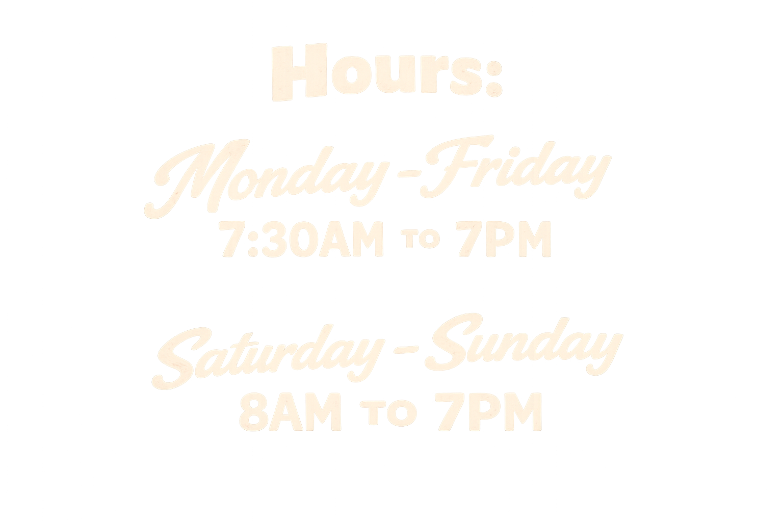 Bottega Mueller Austin hours: Mon–Fri 7:30 AM–7 PM, Sat–Sun 8 AM–7 PM.