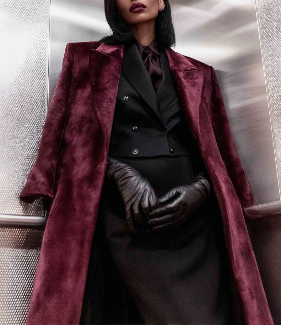A woman dressed in a black suit with a maroon velvet coat, black gloves, and a maroon bow tie, standing inside an elevator with metallic walls, looking confidently at the camera, Elevated Accounting Brand photos