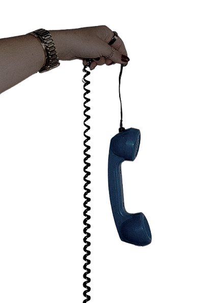 Hand with a gold bracelet holding a vintage telephone handset against a dark burgundy background — editorial brand image for the Elevated Accounting CFO on Call application