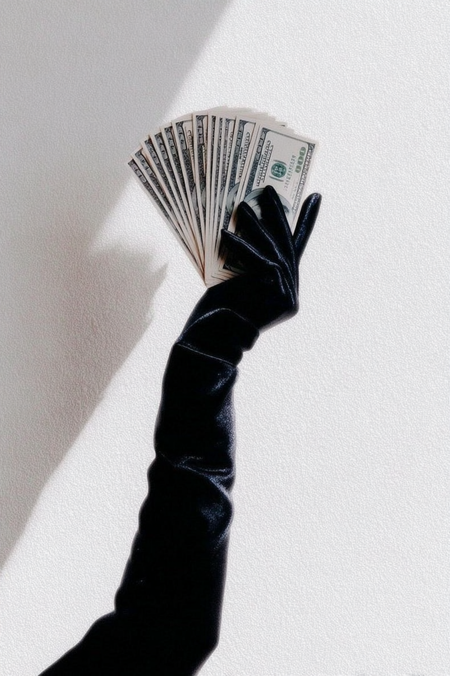 Black-gloved hand holding a fan of US dollar bills against a white wall — editorial brand image for Elevated Accounting.
