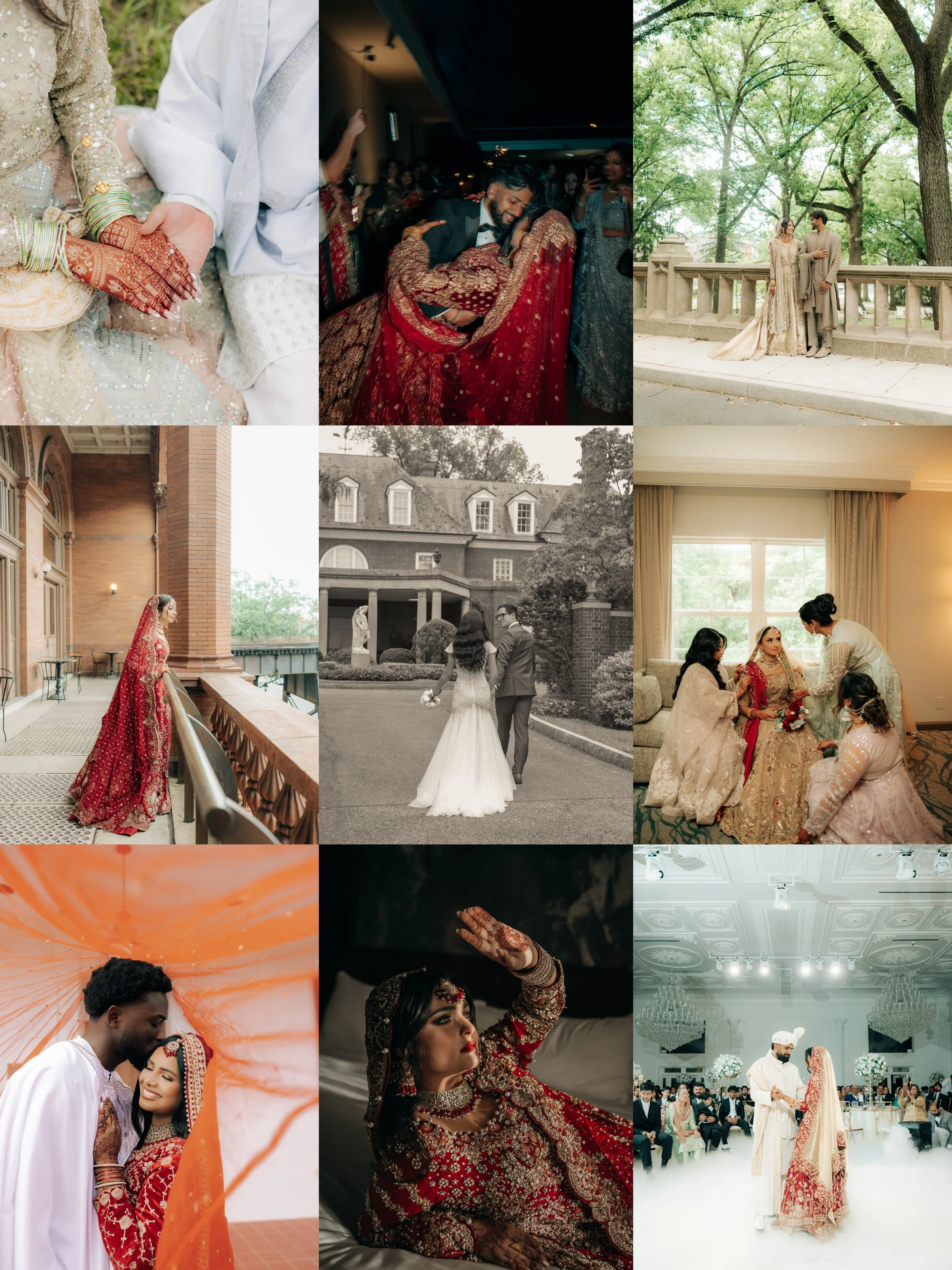 A collage of wedding scenes featuring a bride and groom in traditional Indian attire, dancing, exchanging vows, and posing at different locations including indoor, outdoor, and banquet settings.