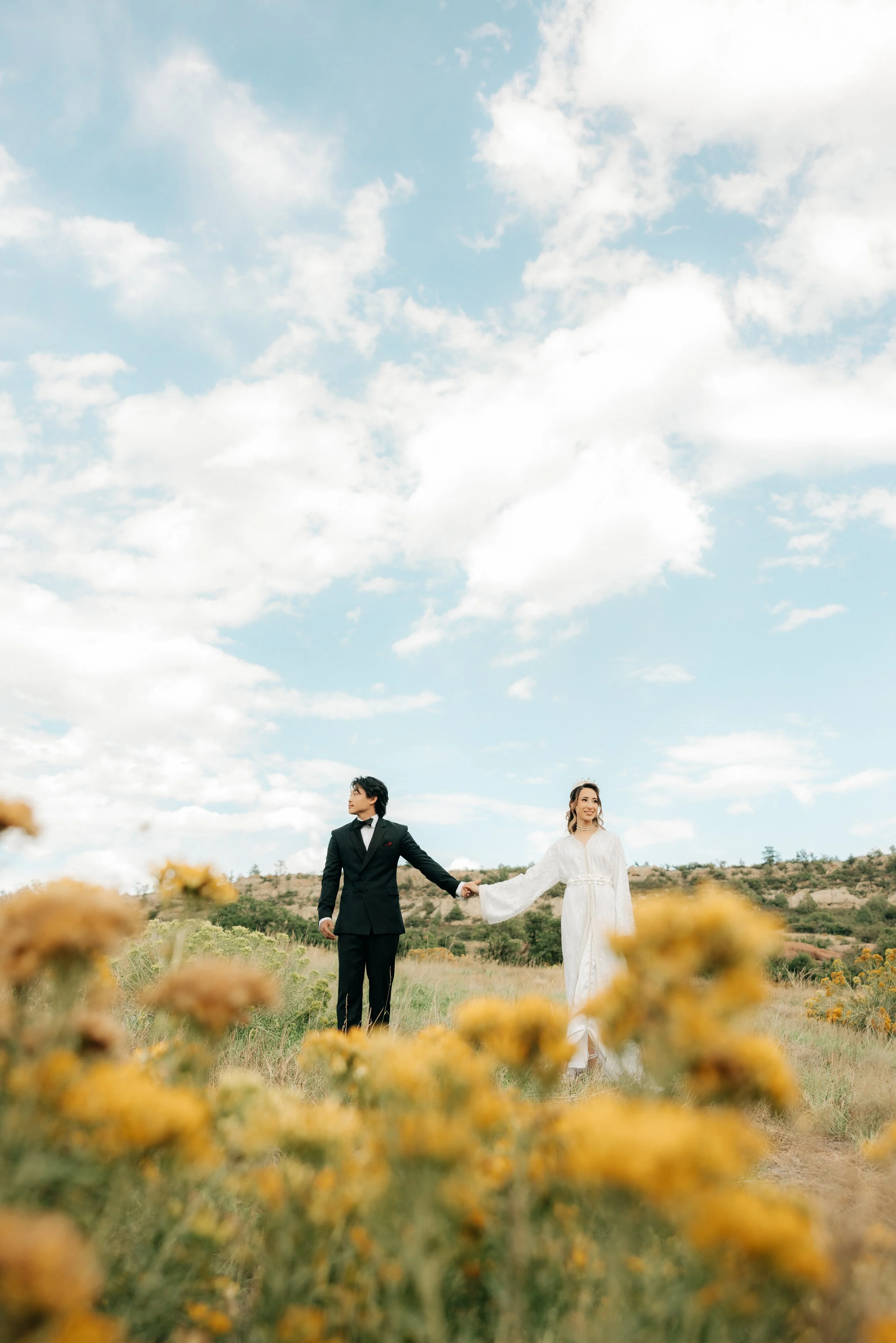 A couple holding hands in a field of yellow flowers with a cloudy blue sky above.