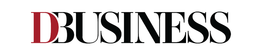 The word 'DBUSINESS' with 'D' in dark red and the rest in black, outlined in white.