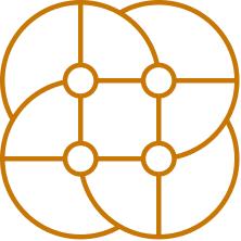 Network diagram with interconnected nodes and lines in orange