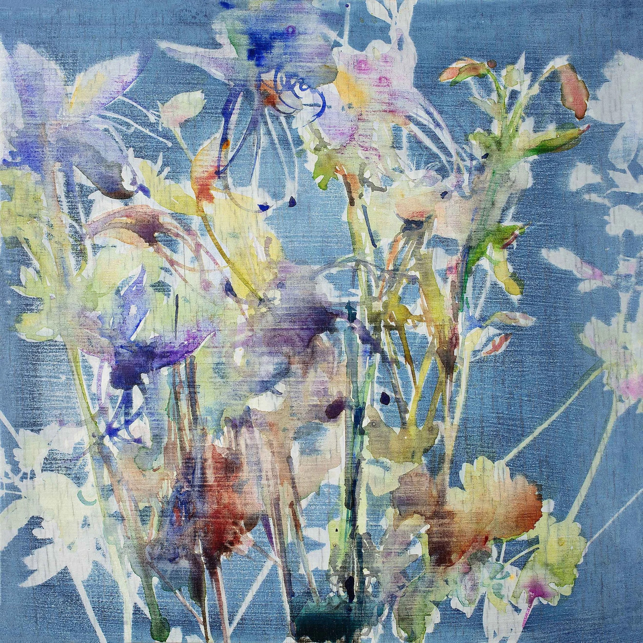 Columbine, 2025
Watercolor over cyanotype on wood panel
" x108
$172