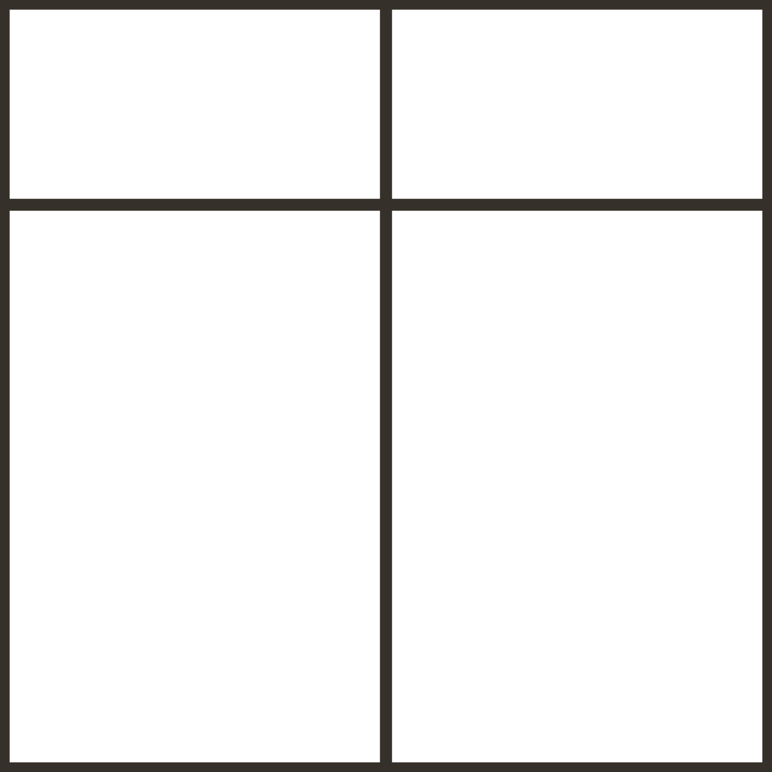 Geometric drawing of an outline square with sections divided by vertical, horizontal, and half circle lines.
