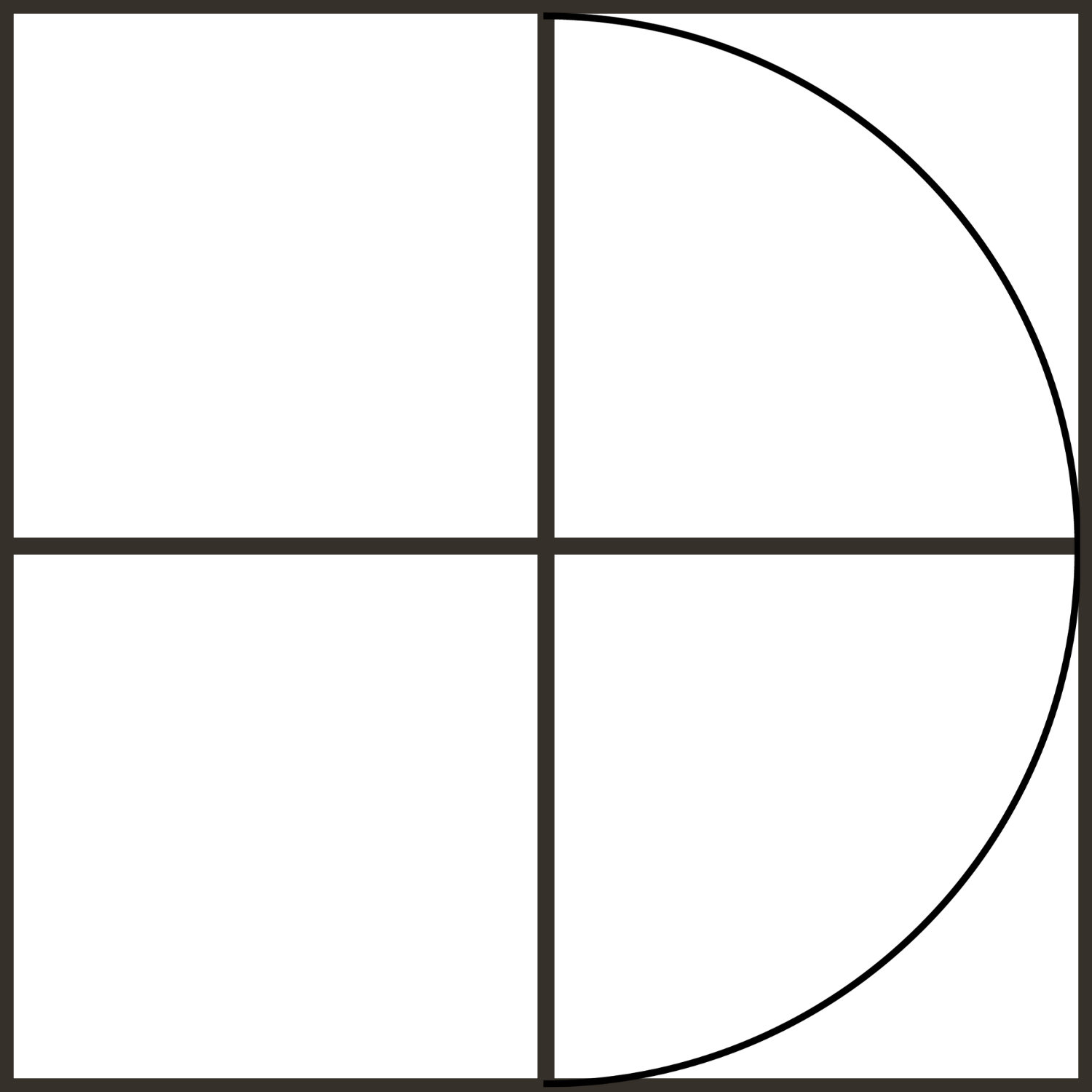 Geometric drawing of an outline square with sections divided by vertical, horizontal, and diagonal lines.