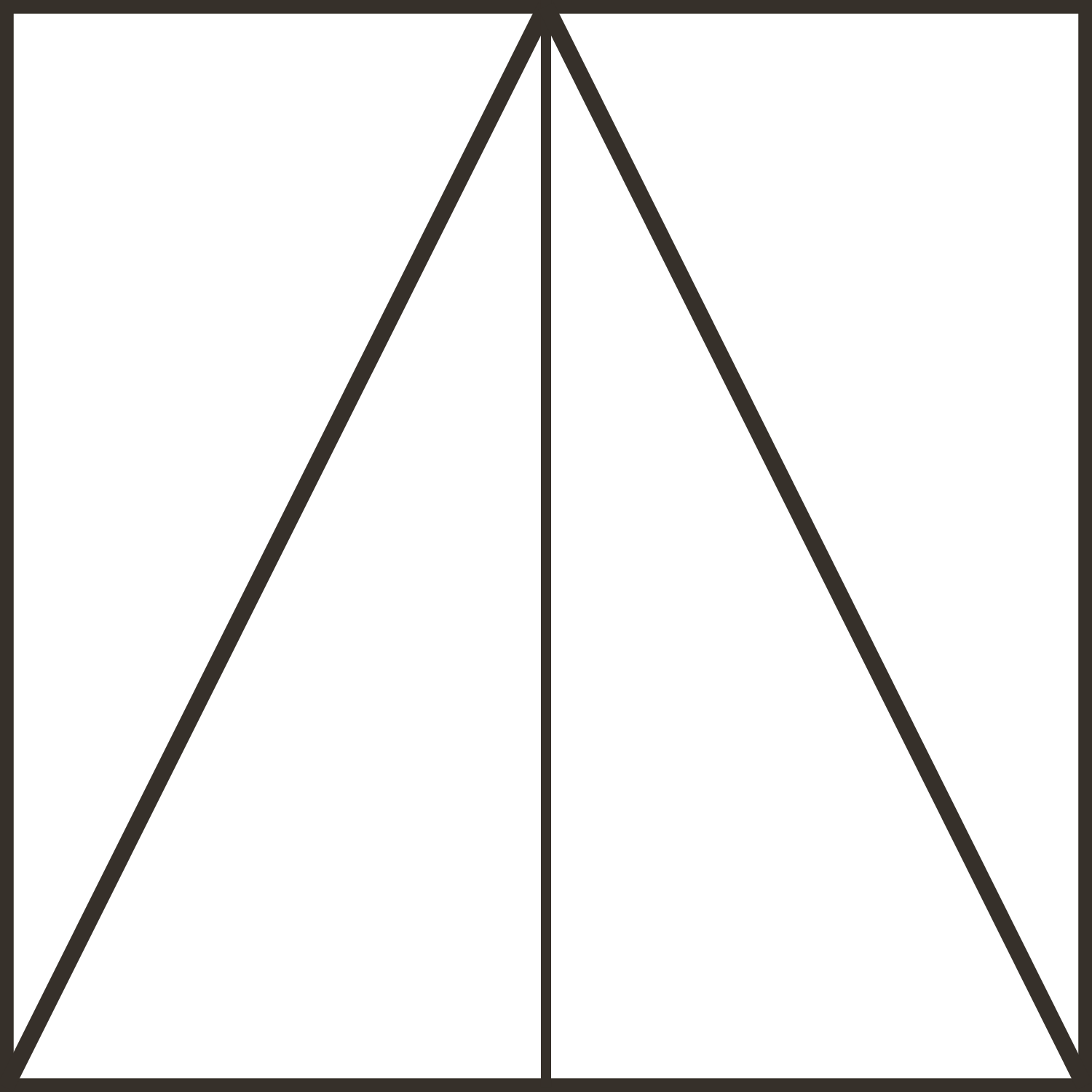 Geometric drawing of an outline square with sections divided by vertical, horizontal, and diagonal lines.
