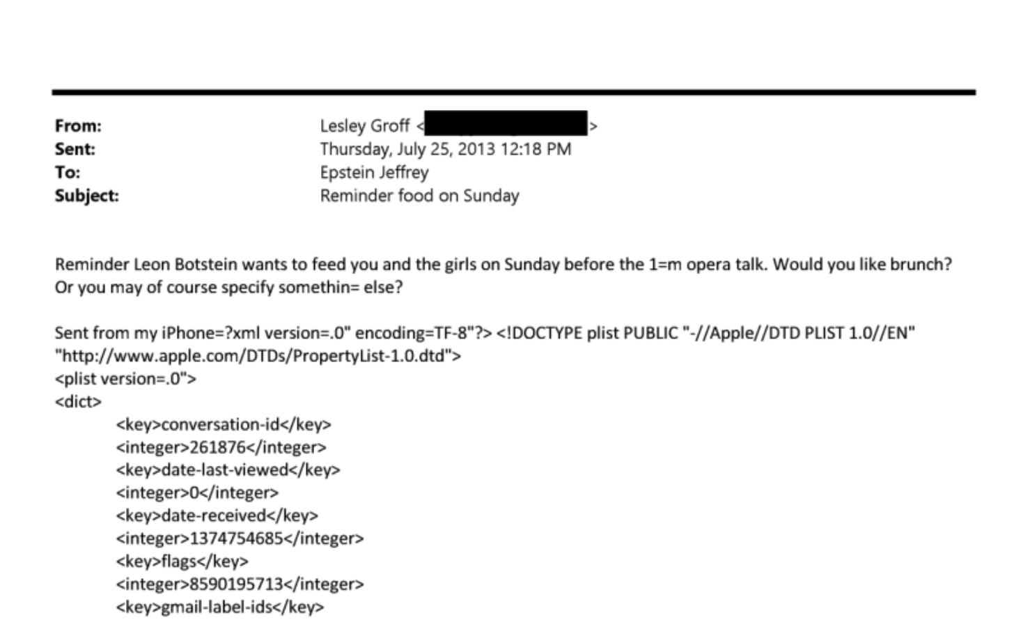 Email to Jeffrey Epstein that reads: “Reminder Leon Botstein wants to feed you and the girls on Sunday before the 1pm opera talk. Would you like brunch? Or you may of course specify something else?”