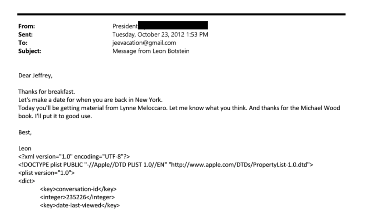 Email from Leon Botstein to Jeffrey Epstein that reads: Thanks for breakfast. Let's make a date for when you are back in New York.… And thanks for the Michael Wood book. I'll put it to good use.