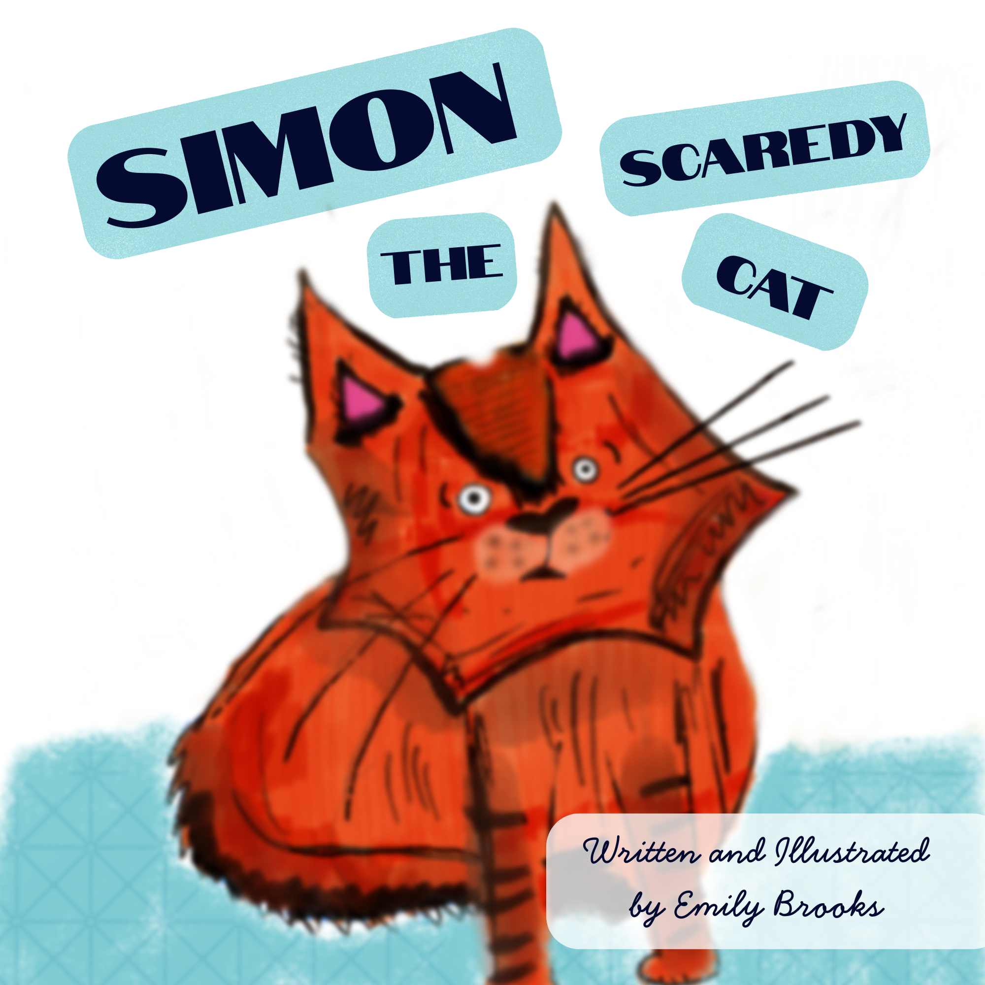Cover of a book with an orange cat looking stunned and the title, Simon the Scaredy Cat