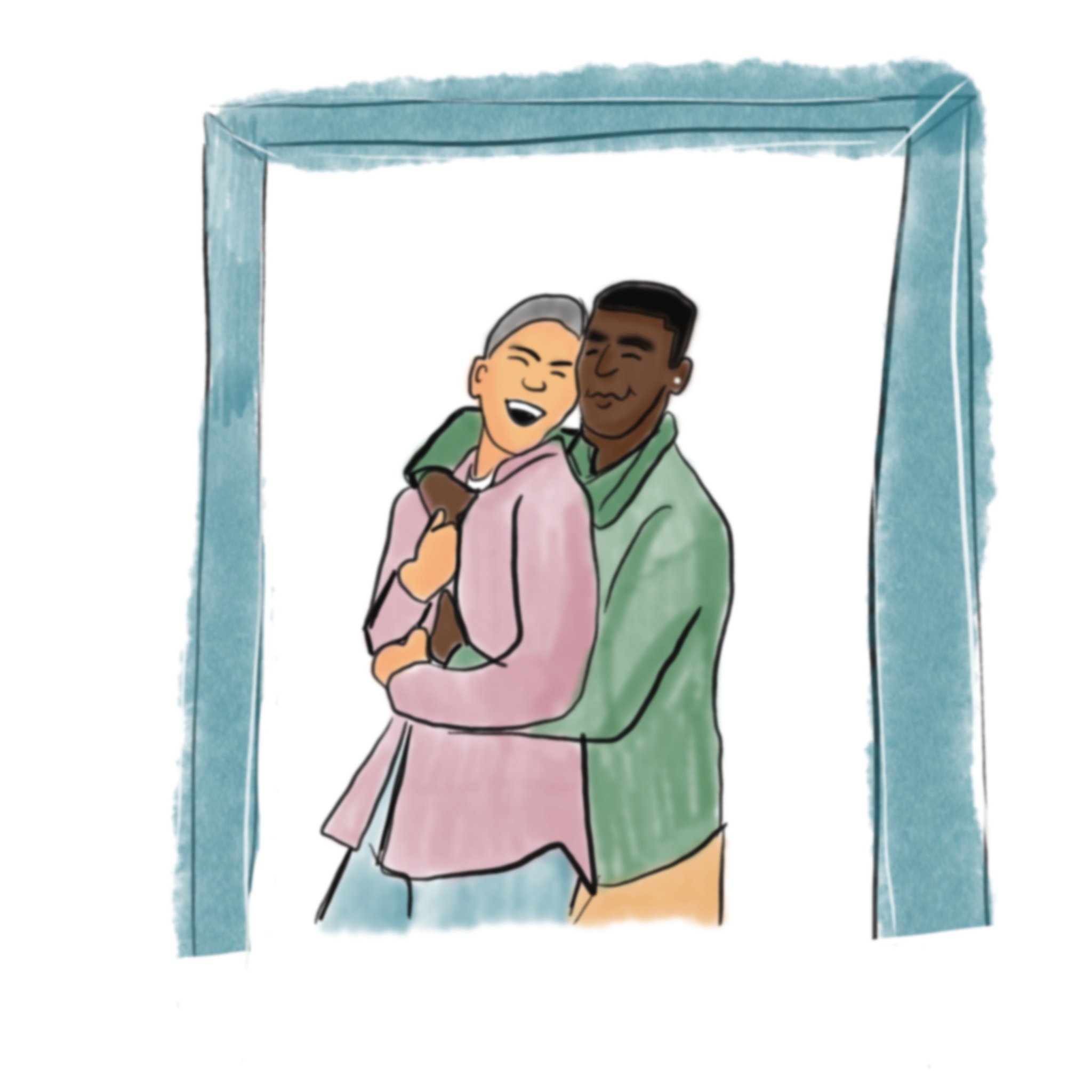 Illustration of two men cuddling under a doorframe, one is Asian and the other is Black