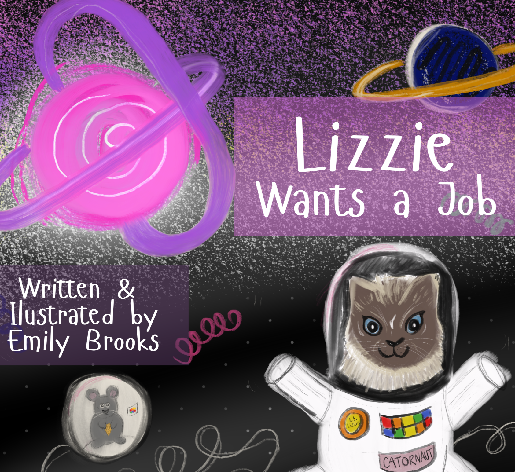 Cover of another book with a cat and mouse, each in astronaut costumes, exploring space with two bright planets behind them and the title, Lizzie Wants a Job