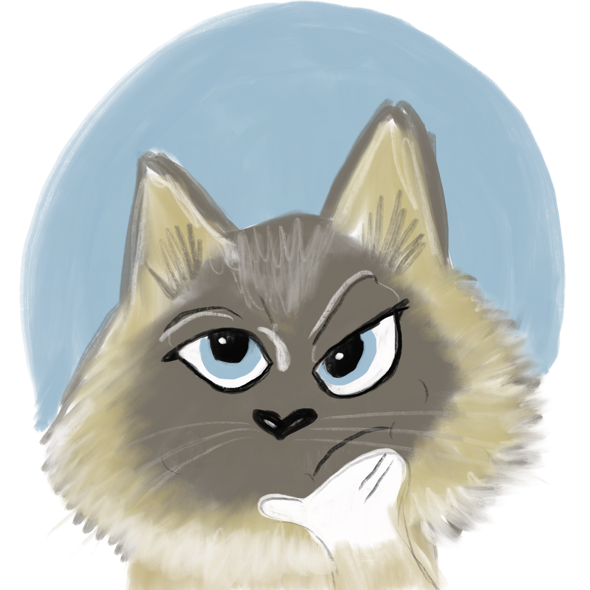 Illustration of a ragdoll cat thinking with its paws to its face