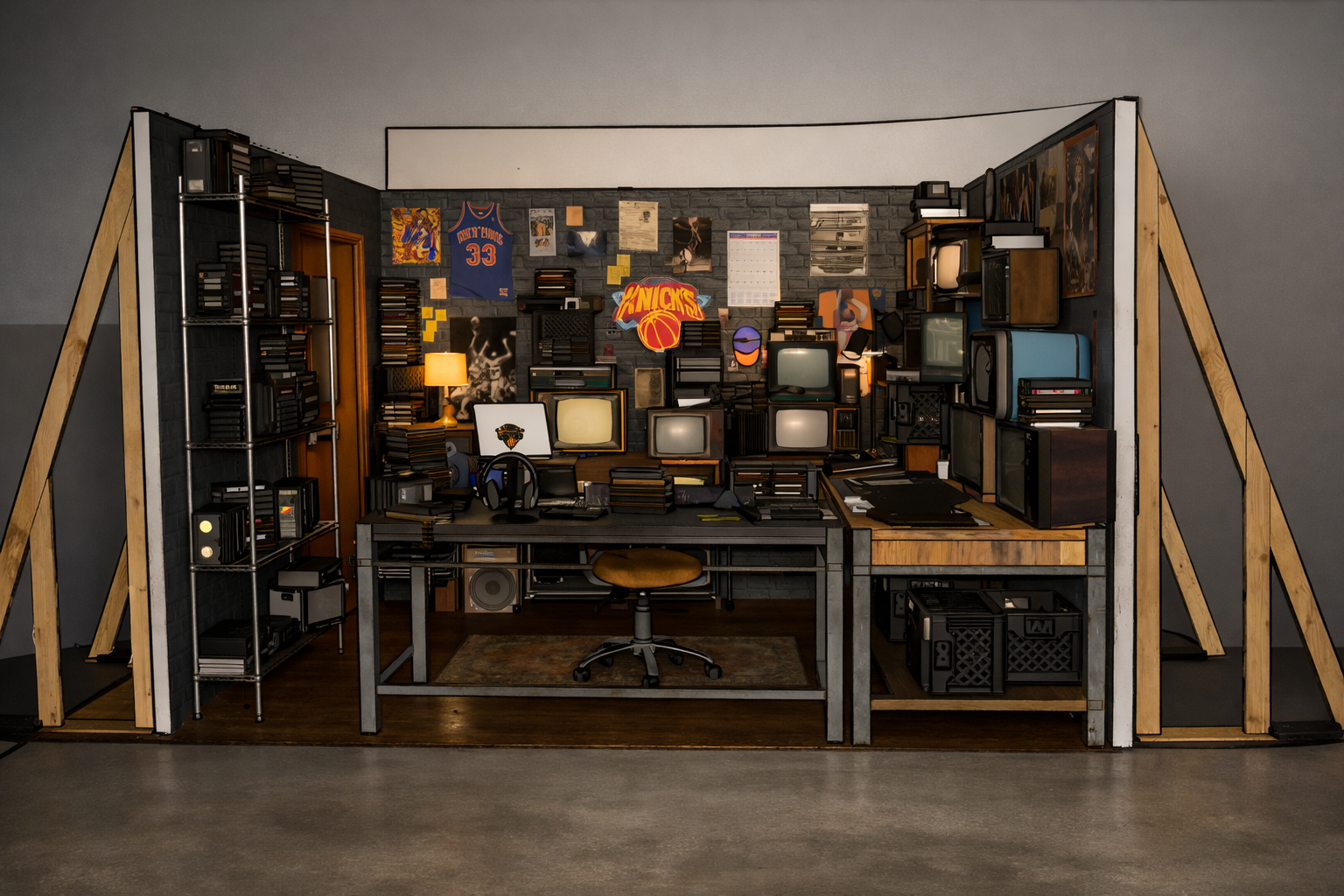 A creatively decorated home office or studio space with a black brick wall, vintage television set monitors, shelves filled with books and retro electronics, a New York Knicks basketball jersey, and basketball memorabilia. The space features a desk with headphones, a lamp, and various electronic devices, set beneath a display of posters, photos, and sticky notes, all framed by wooden and metal structures.