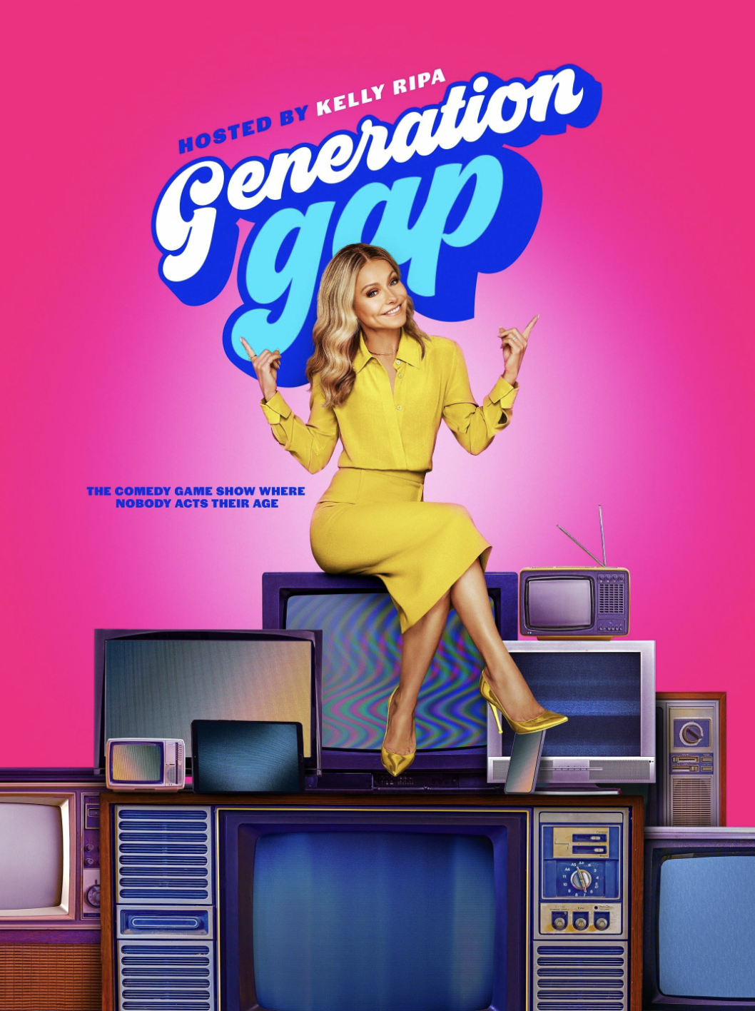 A promotional poster for the comedy game show 'Generation Gap' hosted by Kelly Ripa, featuring her sitting on a stack of vintage televisions against a pink background.