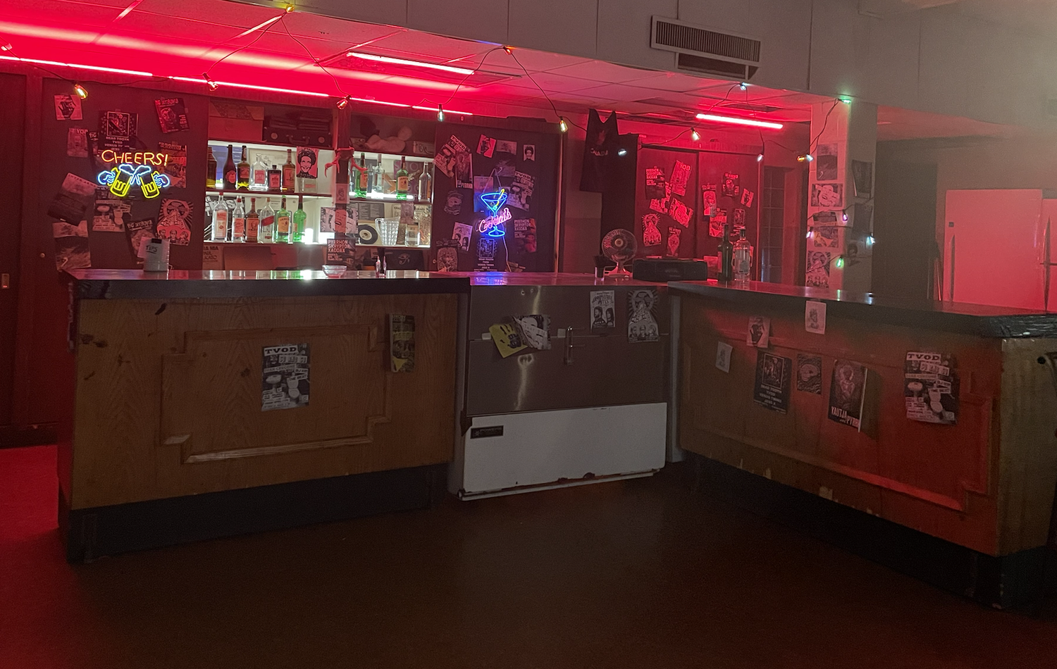 A dimly lit bar with neon signs, bottles of liquor on shelves, and posters on the walls, decorated with small string lights.