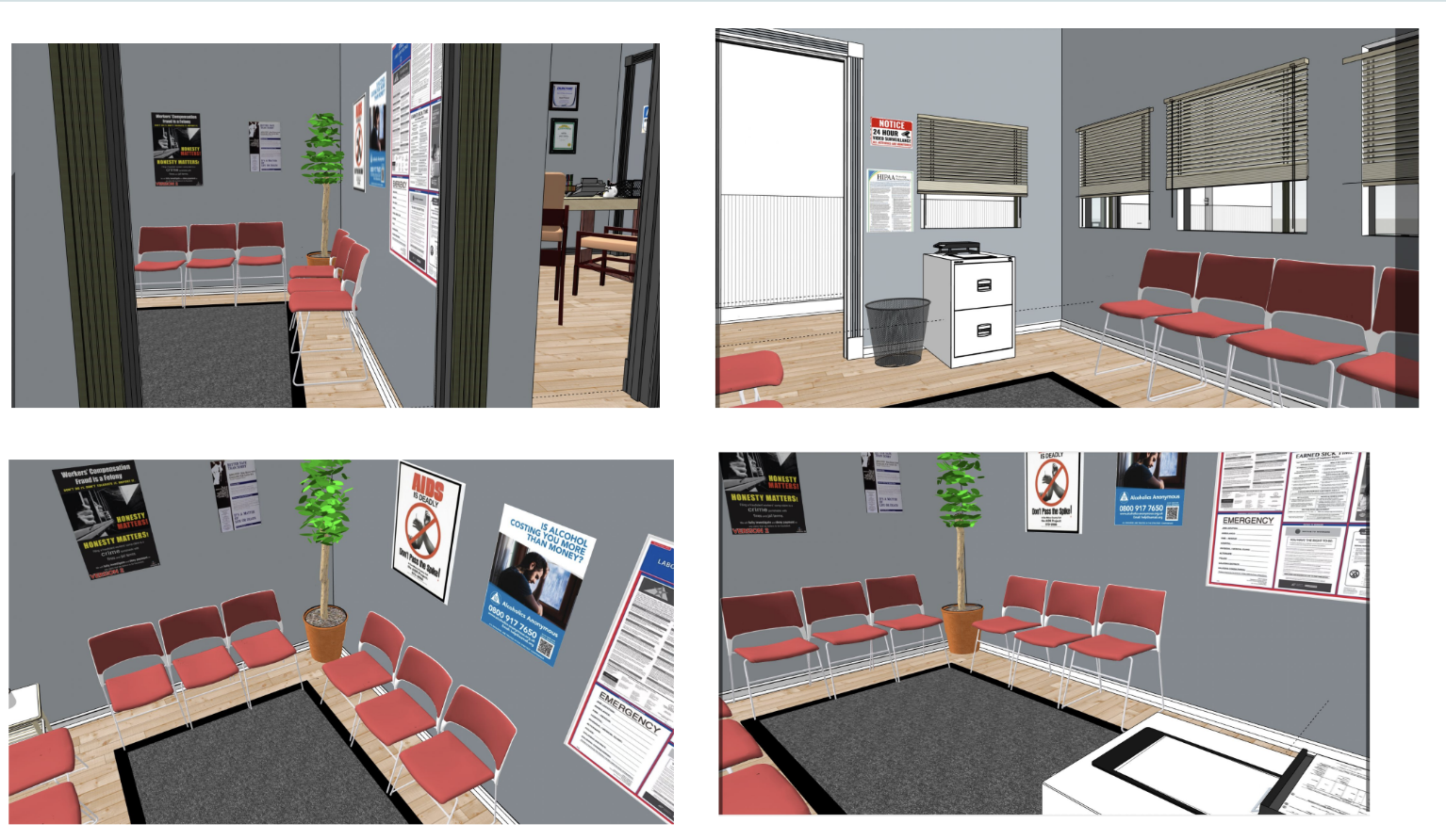 Interior view of a medical waiting room with red chairs, framed posters on gray walls, a potted plant, a door leading to an outside balcony, and a small white cabinet with a phone on top.