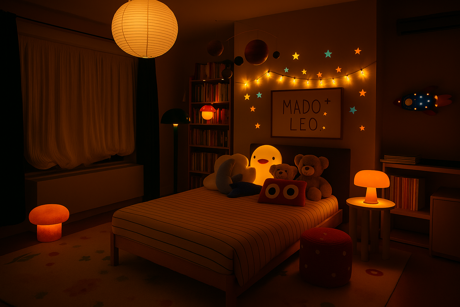 Cozy child's bedroom illuminated by warm night lights, with plush toys on the bed, string lights, hanging planets, and a framed sign that reads 'MADO + LEO'.
