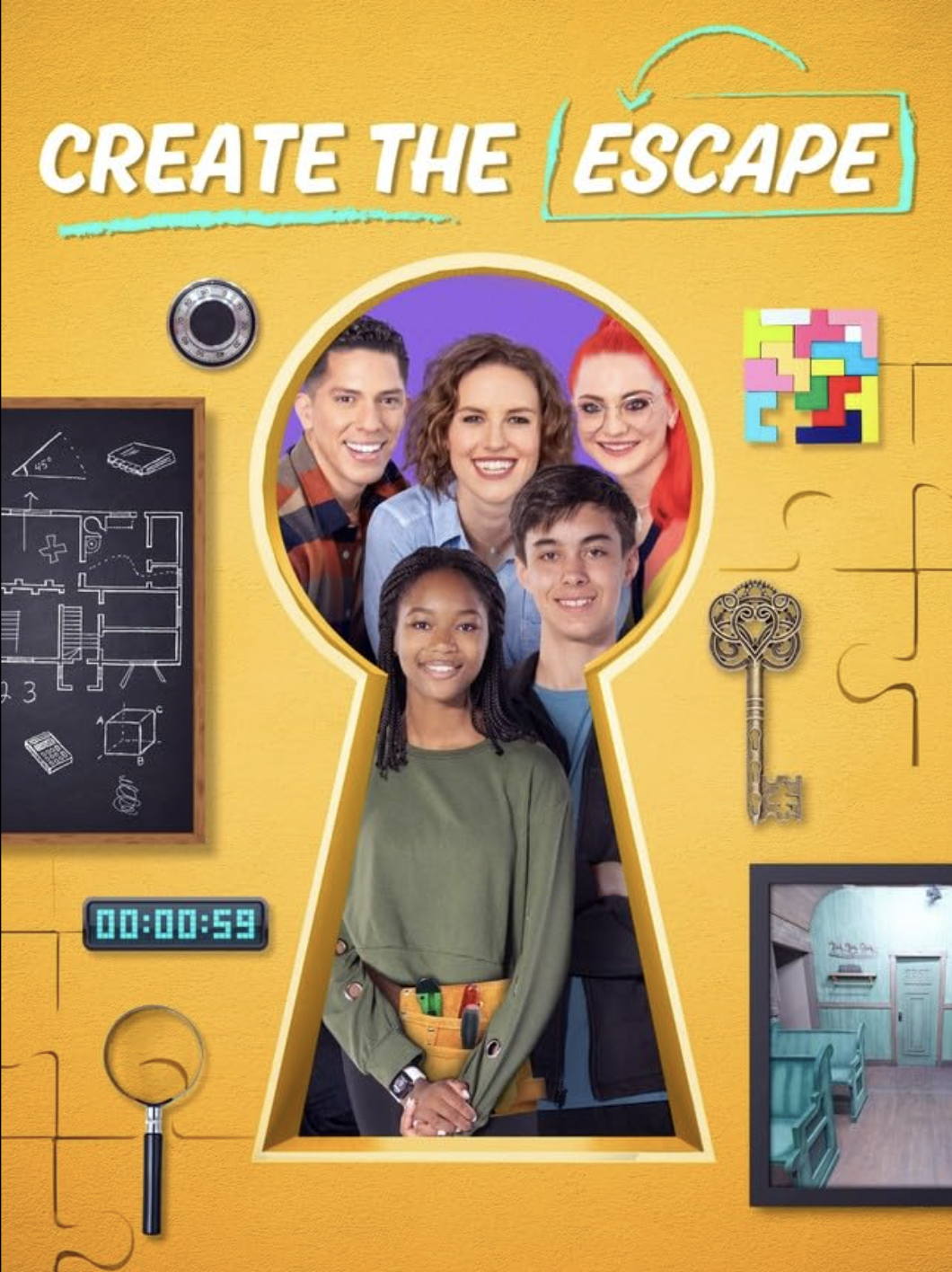 Colorful game room with a large key-shaped opening revealing a group of diverse smiling teenagers and young adults inside. The wall features a blackboard with sketches, a timer reading 59 seconds, a vintage key, a puzzle piece, and a framed picture o