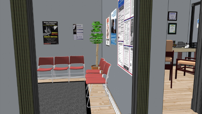 Waiting room with six red chairs along the wall, a potted plant, and various posters on the wall.