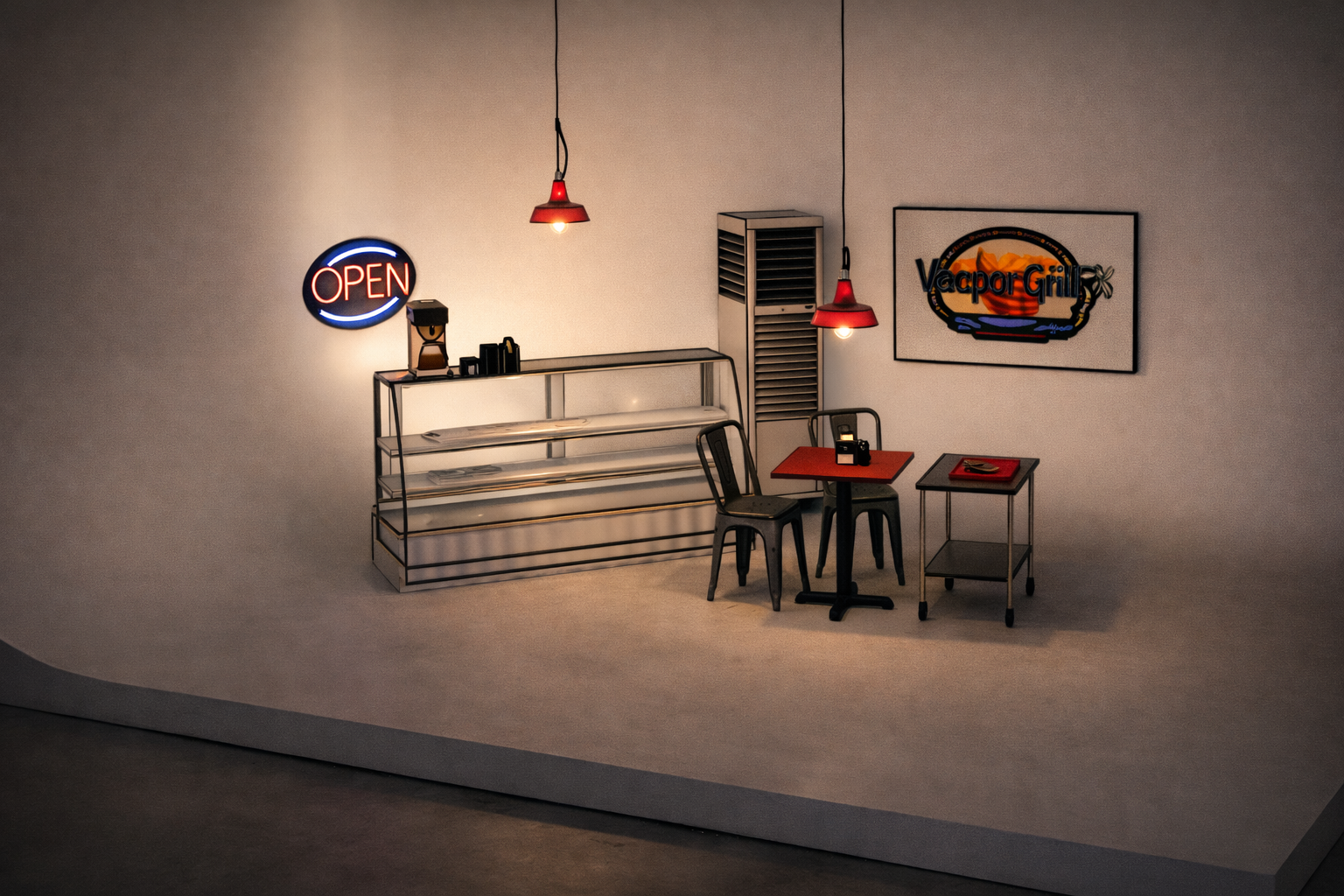 Miniature scene of a restaurant corner with a sign that says 'OPEN', two pendant lights, a shelving unit, a radiator, a framed poster reading 'Vapor Grill', a small table with two chairs, a menu, and a small cart.