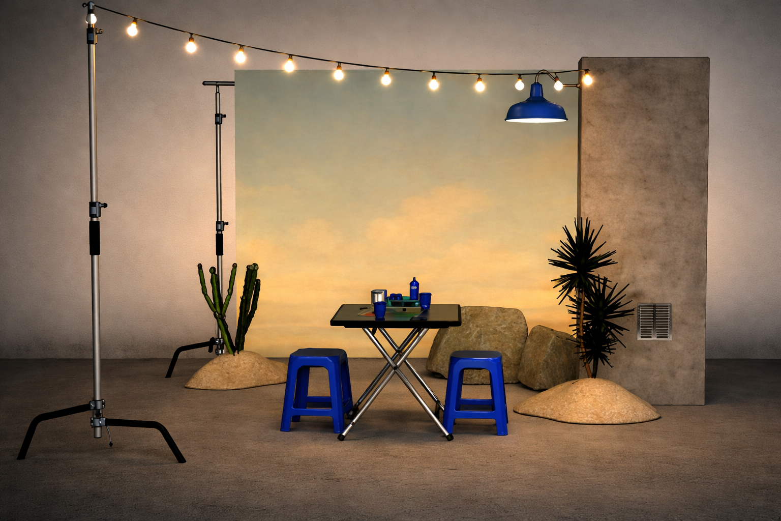 Photography set with a backdrop of a sunset sky, string lights overhead, a table with four blue cups and a bottle, and desert-themed props including rocks and cacti.