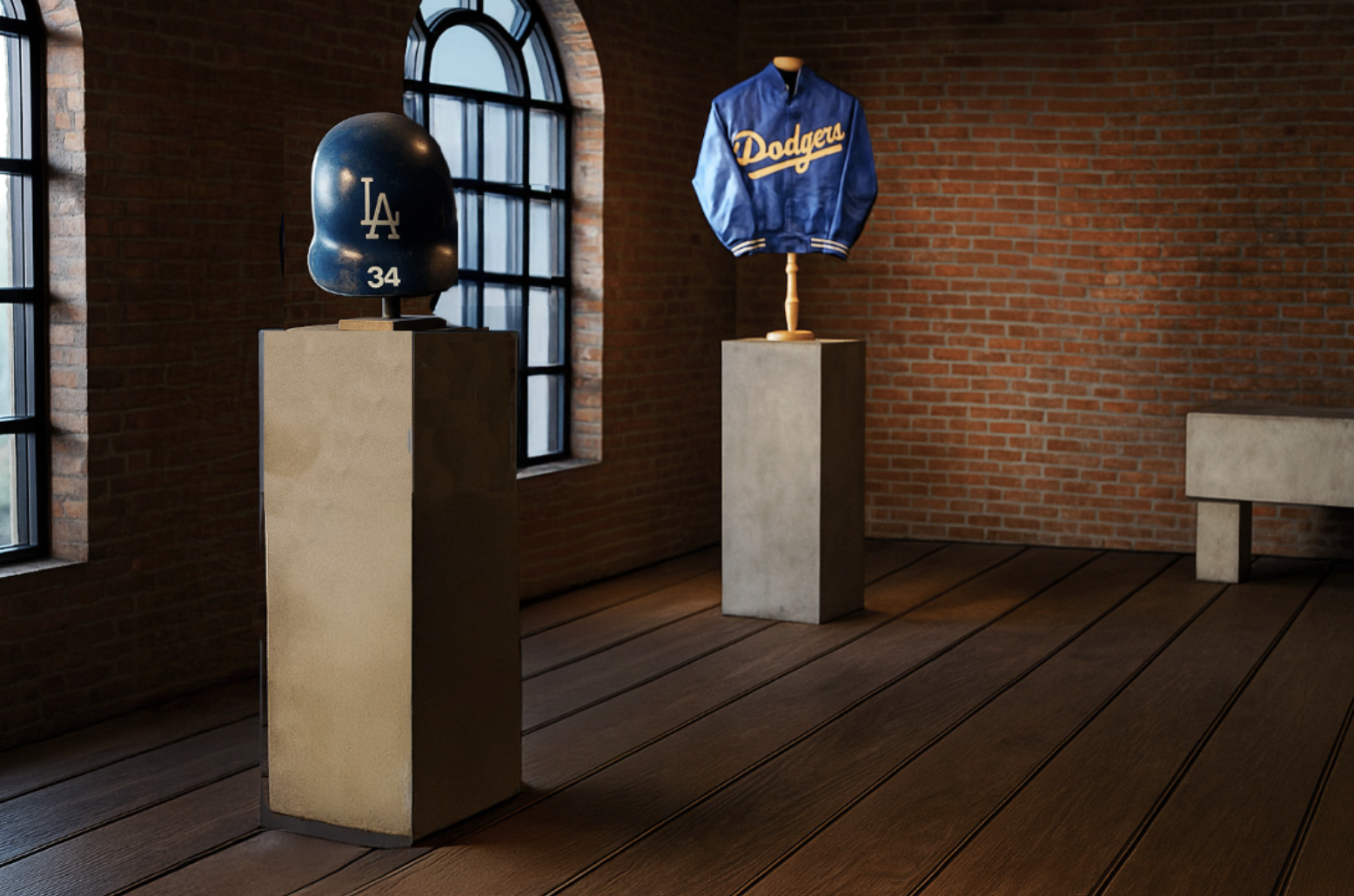 Exhibition of vintage baseball memorabilia with a Los Angeles Dodgers helmet on a pedestal and a blue Dodger jacket on a mannequin stand against a brick wall.