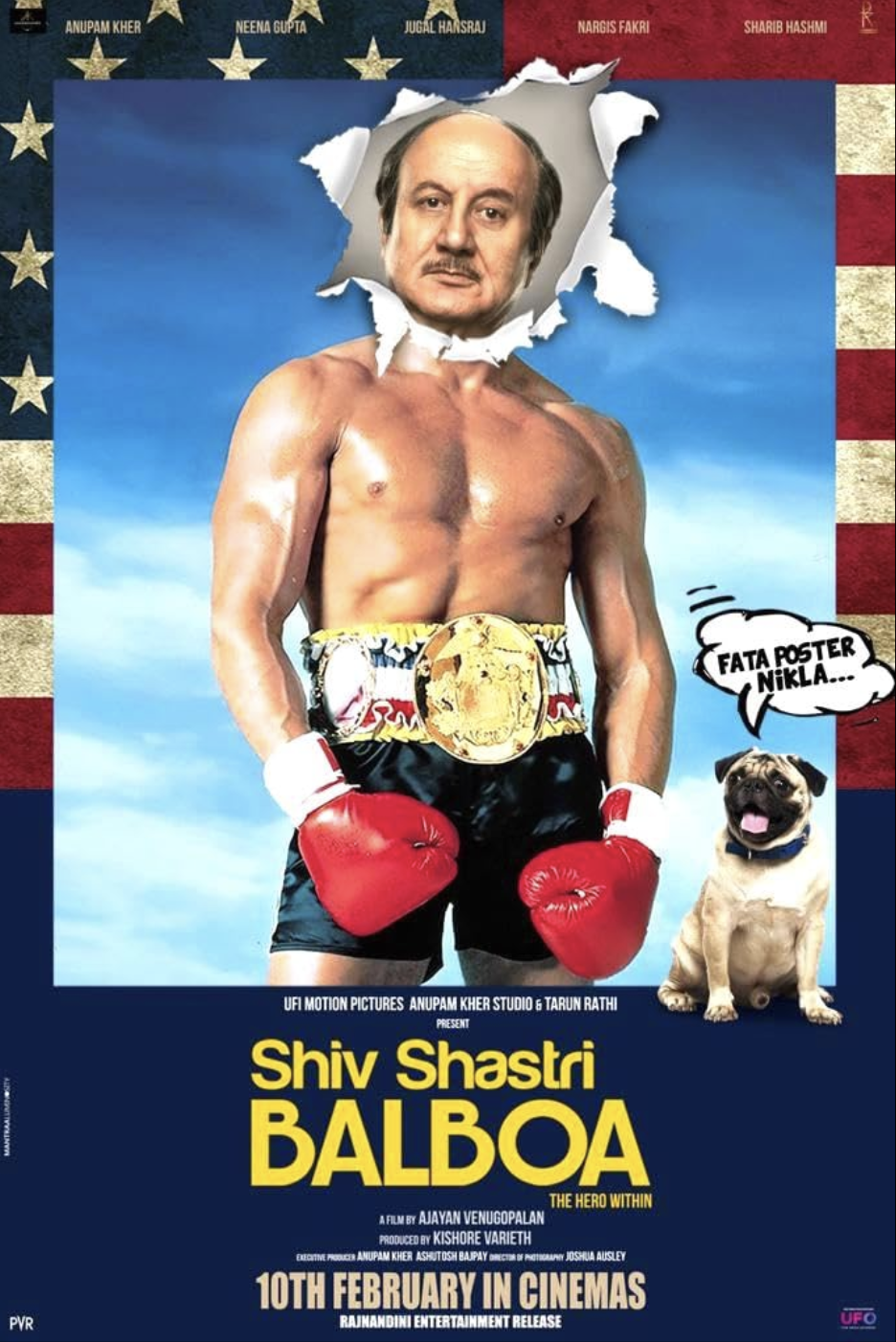 A promotional poster for the movie 'Shiv Shastri Balboa' featuring an older man's face with a serious expression in place of a boxer's head. The body is that of a muscular man wearing black shorts, red boxing gloves, and a championship belt, against 