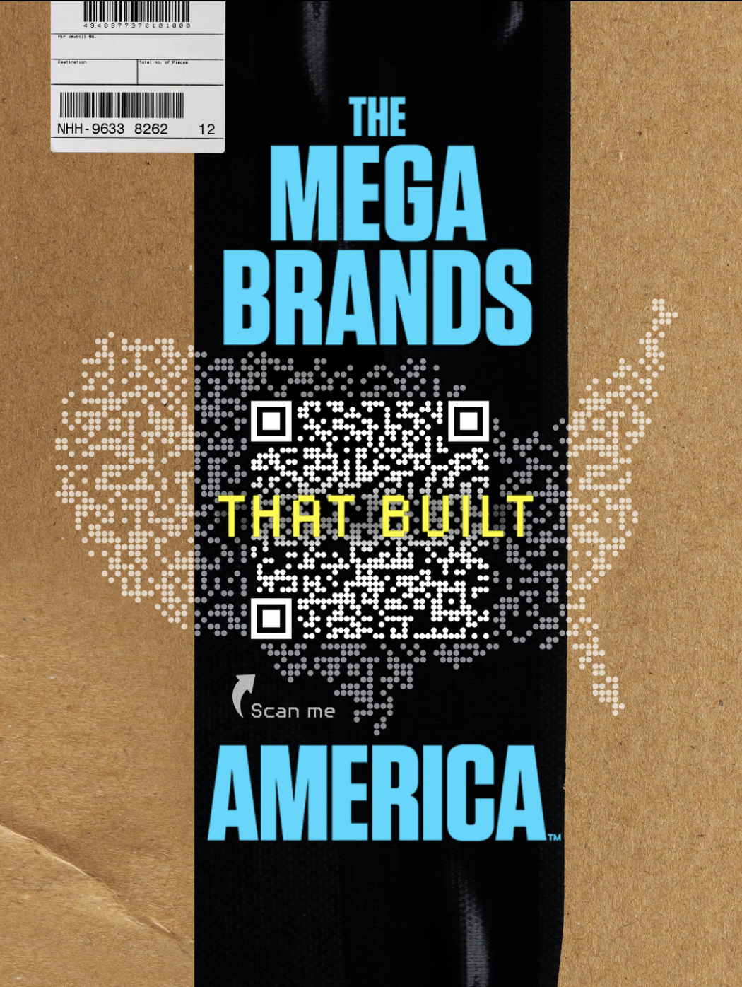 A shipping box with a black label that has 