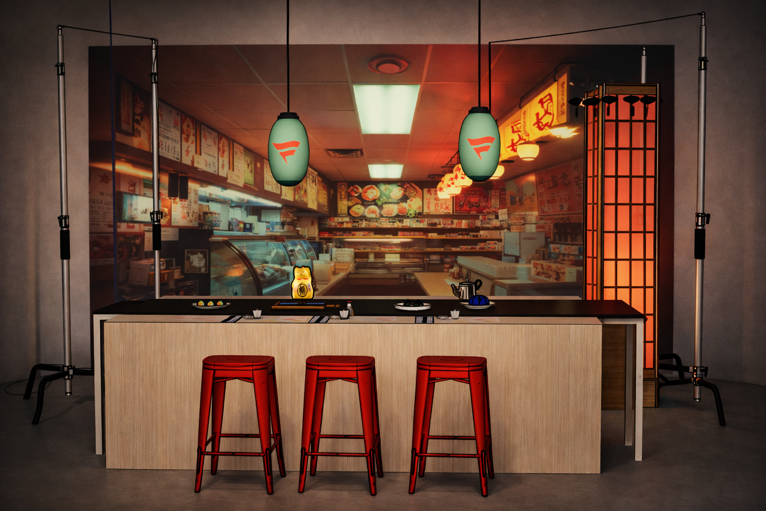 Interior of a Japanese sushi restaurant with a counter and three red stools. Hanging lanterns with logo, traditional decorations, and Japanese menu signs are visible. The background shows the kitchen area with sushi displays and shelves.