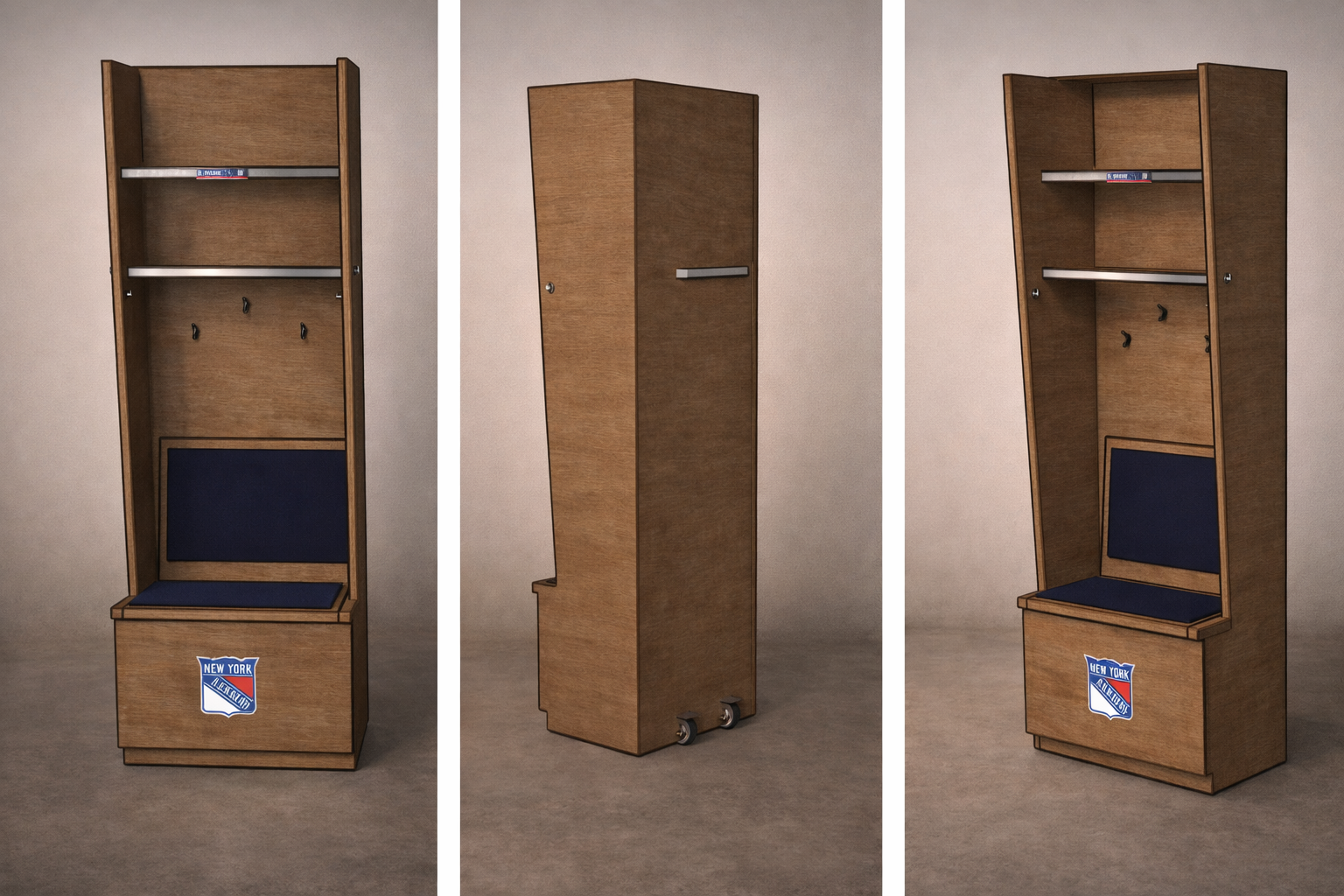 A wooden hall of fame locker with a New York Rangers logo at the bottom, open shelves, hooks, and a cushioned bench, shown from three angles with caster wheels at the back.
